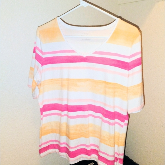 Women's Talbot's Pink Orange Watercolor Stripes Cotton Short Sleeve Shirt Size L - Picture 1 of 7